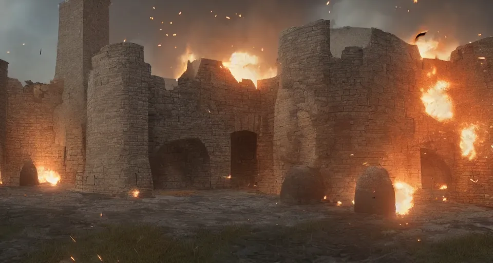 Image similar to tribuchets fireing on a medieval fortress, destroying the walls, fire and explosion, debris flying around, octane render, unreal engine