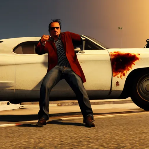 Image similar to extremely cool looking quentin tarantino in the game'gta v ', in the background an exploding car. unreal engine 4 render 4 k