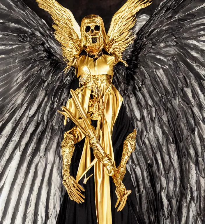 Image similar to full length picture of the angel of death wearing black robe with gold wings in an elaborate cathedral, octane, 8k, ultra detailed, photorealistic + sigma 105mm f2.8 macro