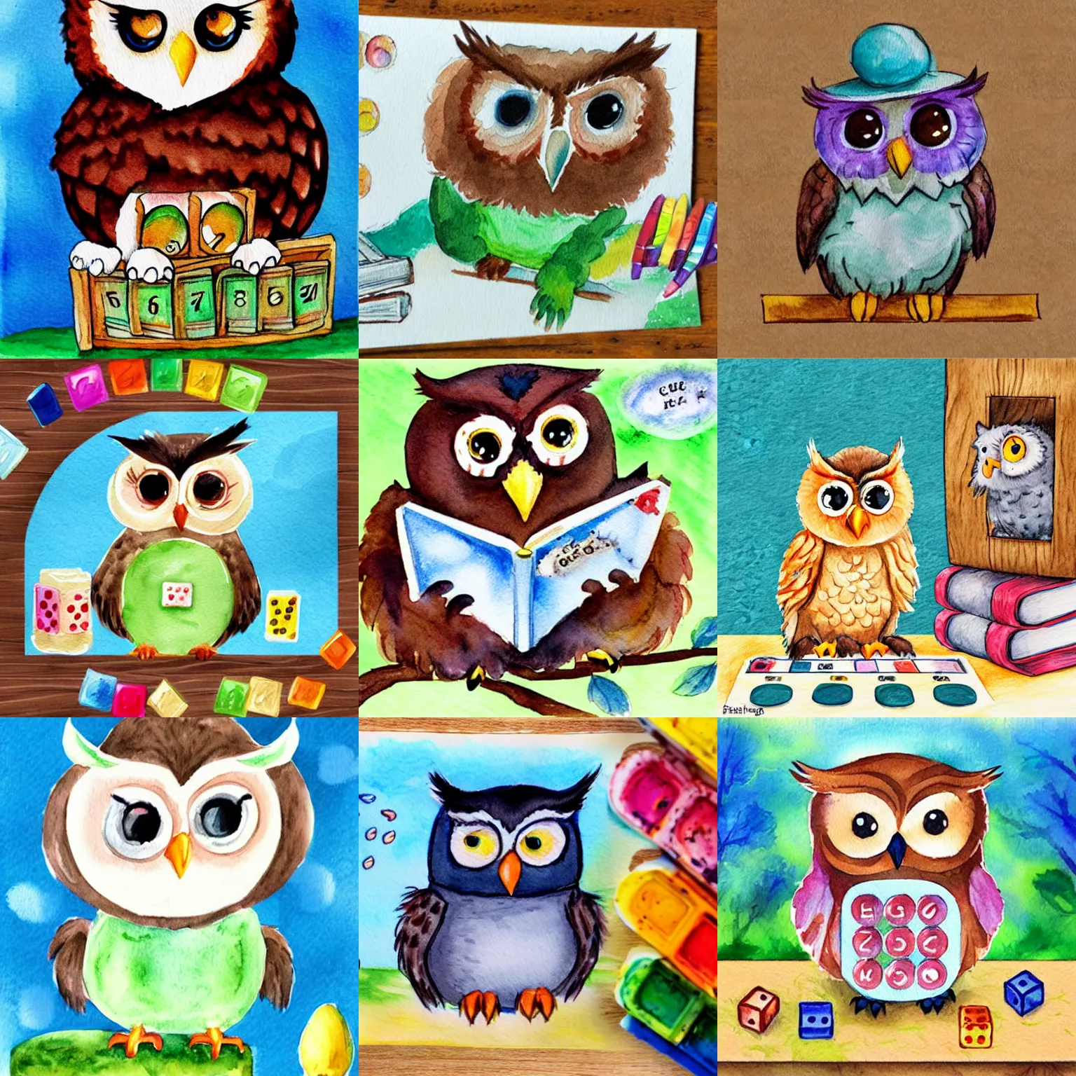 Prompt: cute fluffy baby owl playing board games, children's book watercolor drawing