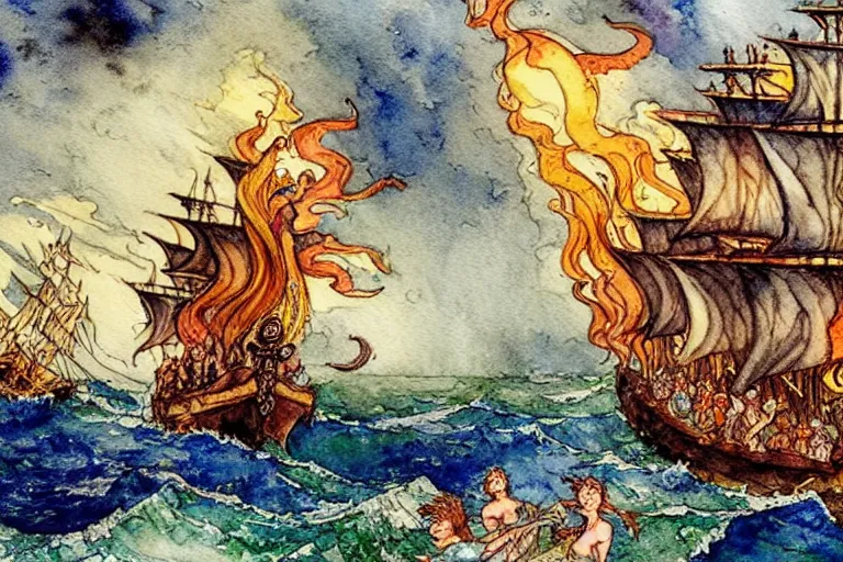 Image similar to mermaids and sirens raid an enourmous pirate ship and attack everyone onboard, sinking the ship which is on fire, watercolor painting, art by walter crane and arthur rackham, and albert bierstadt and william turner, illustration style, watercolor