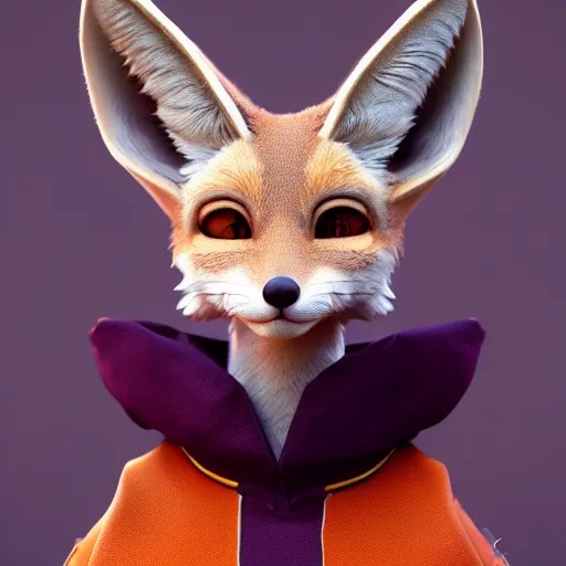 Prompt: a highly detailed portrait of a humanoid light brown fennec fox, with a white muzzle, bright orange eyes, in a purple cloak, artstation, DeviantArt, professional, octane render