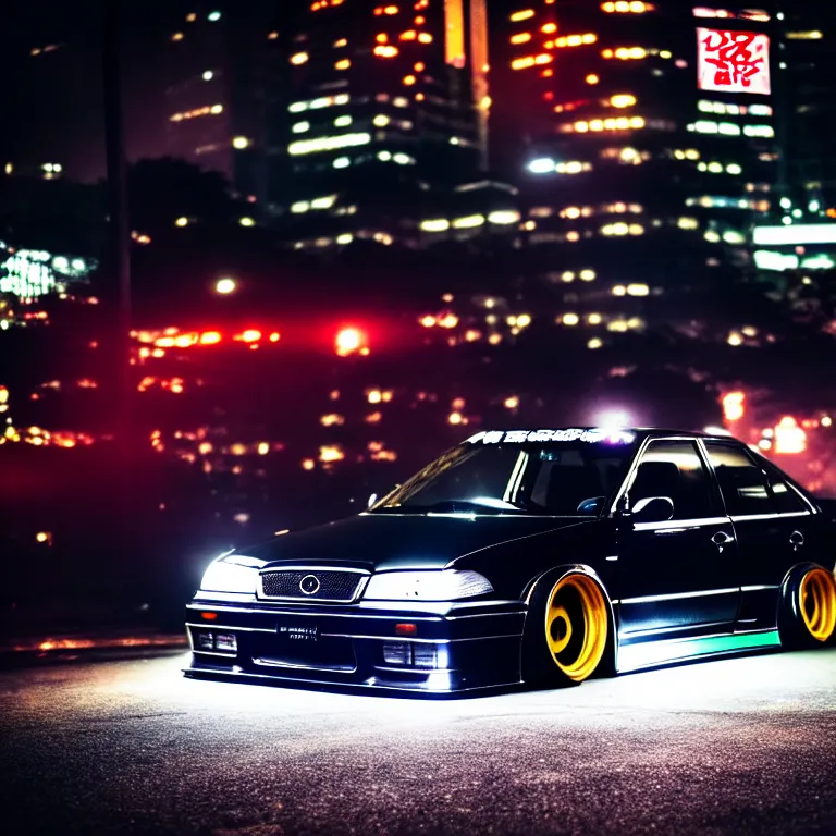 Image similar to a car JZX90 twin turbo drift at illegal car meet, Shibuya prefecture, city midnight mist lights, cinematic lighting, photorealistic, highly detailed wheels, high detail