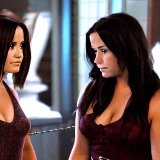 Image similar to Demi Lovato as Piper Halliwell and Selena Gomez as Phoebe Halliwell and Ariana Grande as Prue Halliwell in a Charmed movie directed by Christopher Nolan, movie still frame, promotional image, imax 35 mm footage