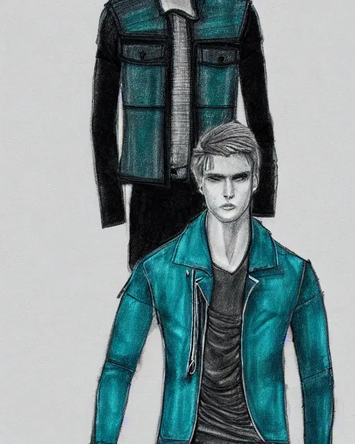 Prompt: pencil sketch of a male model wearing a baggy teal distressed medieval menswear motorcycle jacket by issey miyake, 4 k, studio lighting, wide angle lens