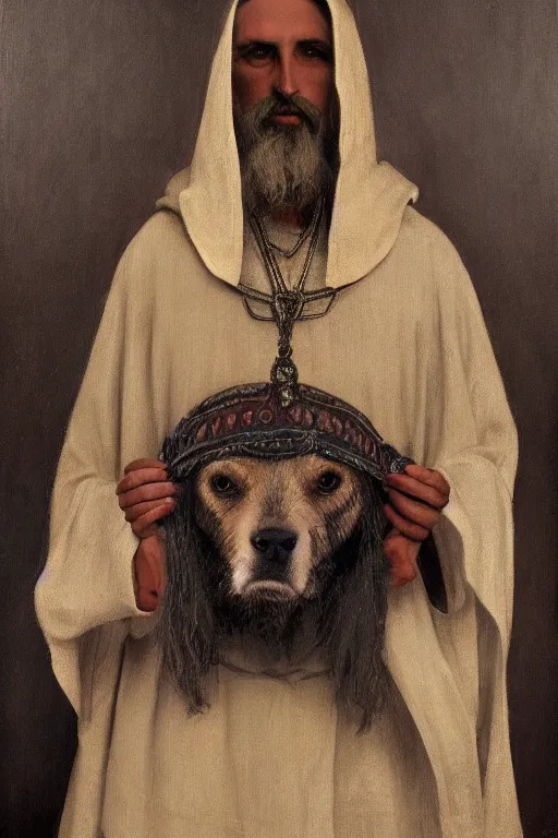 Prompt: Orthodox Slavic dog head man, woolen torso in medieval clothes, Orthodox Saint Christopher, oil painting, hyperrealism, beautiful, high resolution, trending on artstation,