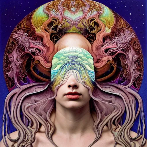 Image similar to detailed realistic beautiful young groovypunk queen of andromeda galaxy in full regal attire. face portrait. art nouveau, symbolist, visionary, baroque, giant fractal details. horizontal symmetry by zdzisław beksinski, iris van herpen, raymond swanland and alphonse mucha. highly detailed, hyper - real, beautiful