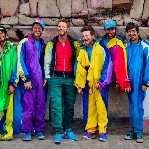 Prompt: Coldplay in Peru wearing panchos and smiling, photorealistic, photography, 14 mp