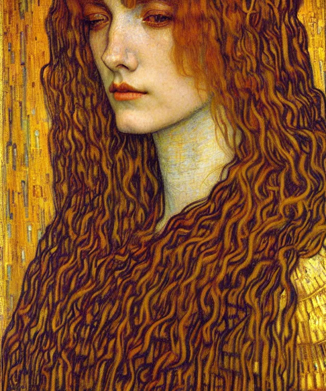 Image similar to detailed realistic beautiful young medieval queen face portrait by jean delville, gustav klimt and vincent van gogh, art nouveau, symbolist, visionary, gothic, pre - raphaelite, muted earthy colors, desaturated