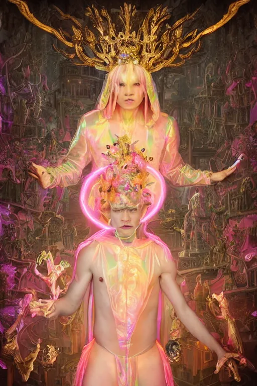 Prompt: full-body rococo and cyberpunk delicate neon crystalline sculpture of ((young muscular golden albino Colombian prince)) as an iridescent humanoid deity wearing ((peach plastic hooded cloak)) (holding a human skull) in a white castle dungeon, reclining, glowing pink face, crown of (pink lasers), large blue diamonds, swirling black silk fabric. futuristic elements. oozing glowing liquid, full-length view. space robots. intricate artwork by caravaggio. Trending on artstation, octane render, cinematic lighting from the right, hyper realism, octane render, 8k, depth of field, 3D