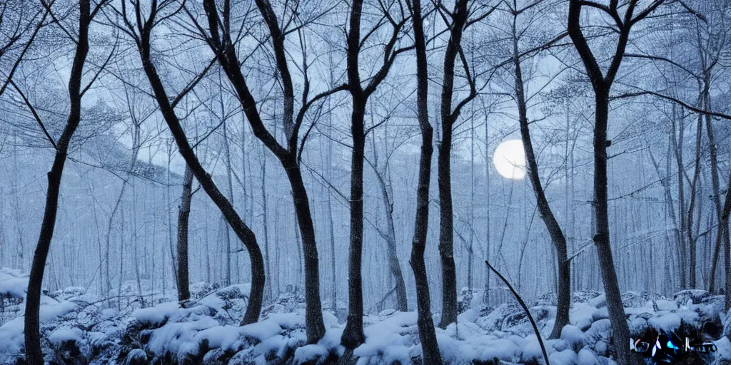 Prompt: a forest in winter moonnight by katayama bokuyo