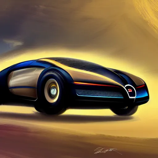 Prompt: futuristic bugatti concept art, digital painting, sharp, 8k, super detailed, illustration