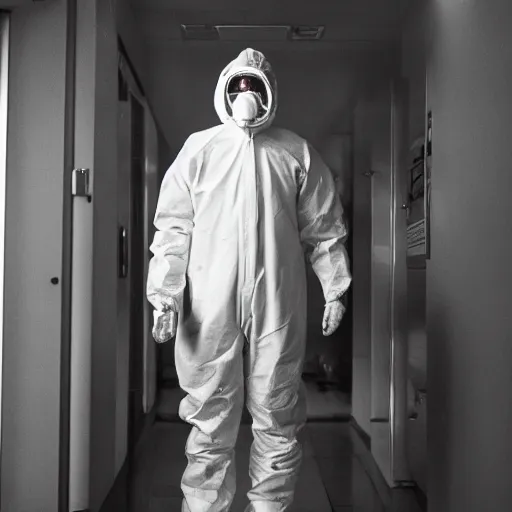 Prompt: a man wearing a hazmat suit and oxygen mask, cinematic, film still, 35mm