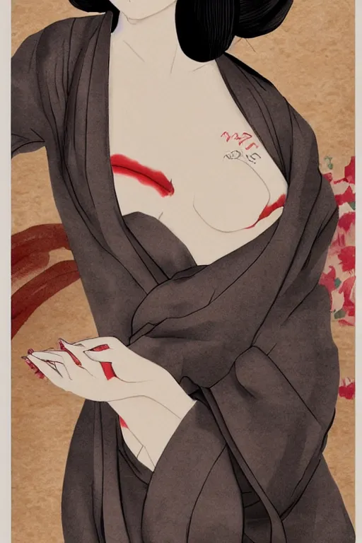 Image similar to extremely sensual geisha full body, seductive pose, uncovered shoulder, different point of view, digital art, 8k, character, realistic, portrait, photorealism, japan watercolour, masterpiece art