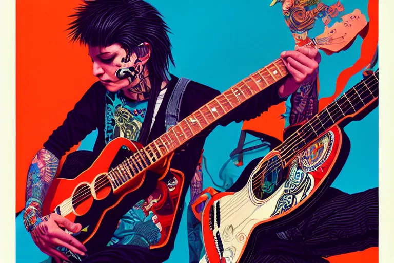 Prompt: 1 9 8 0 s punk rocker playing acoustic guitar, tristan eaton, victo ngai, artgerm, rhads, ross draws, intricated details, 3 / 4 view, full body portrait