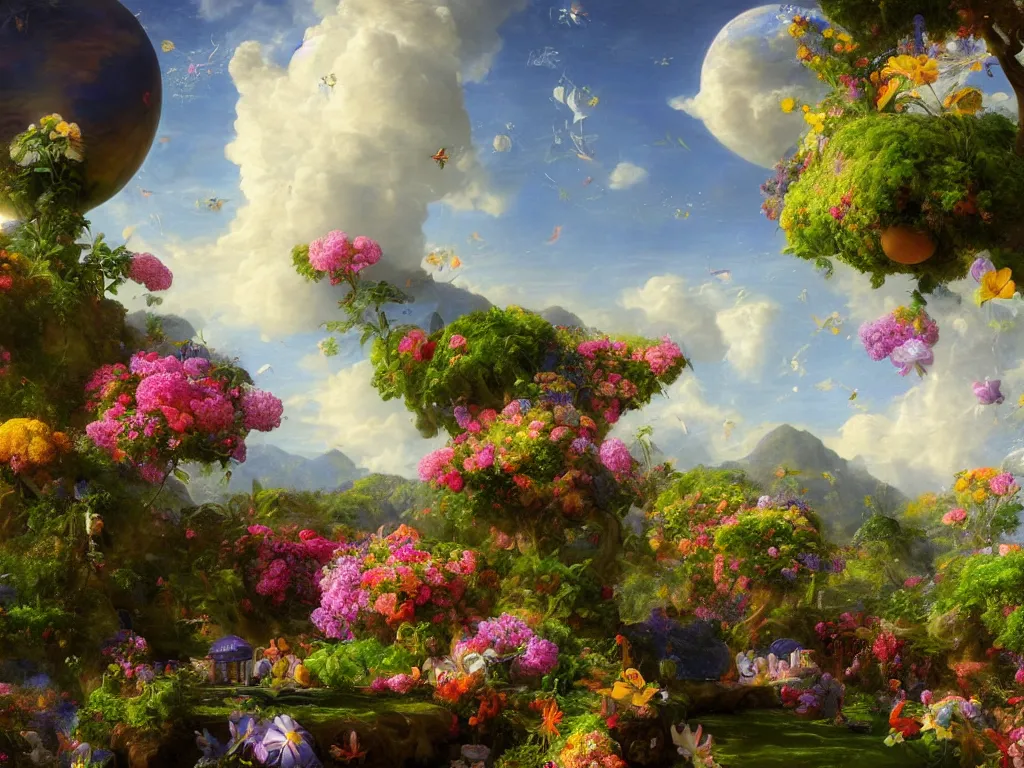 Image similar to the universe is a spheroid region 7 0 5 meters in diameter, sunlight study, art nouveau, 3 d render, by jan davidsz de heem and thomas cole and ( ( ( ( ( lisa frank ) ) ) ) ), kauai springtime, 8 k, extreme detail, sharp focus, octane render