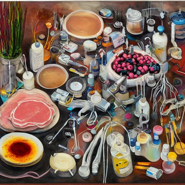 Prompt: painting of a female art student, surgical equipment, raw pork, berry juice drips, pancakes, berries, bones, defibrillator, electrical wires, battery, oxygen tank, scientific glassware, seedlings, bones, art supplies, candles dripping wax, neo - impressionist, surrealism, acrylic and spray paint and oilstick on canvas