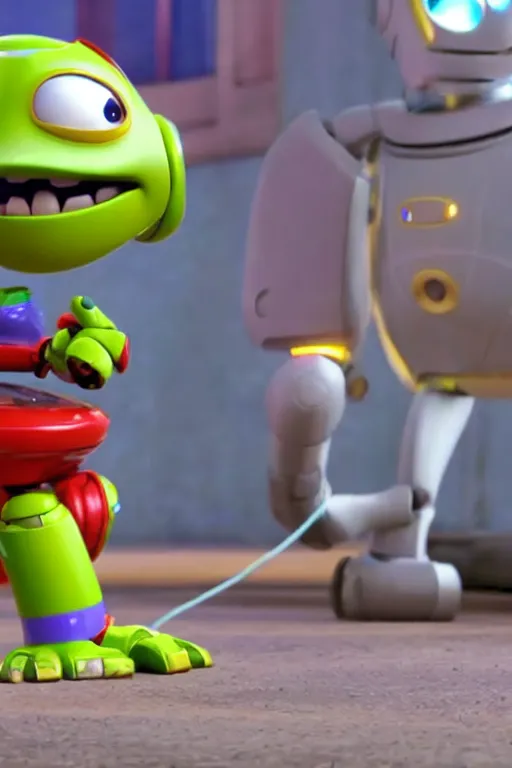 Prompt: Robot dog spins around its axis trying to bite his own tail. Pixar Disney 4K render 3d funny animation movie Oscar winning