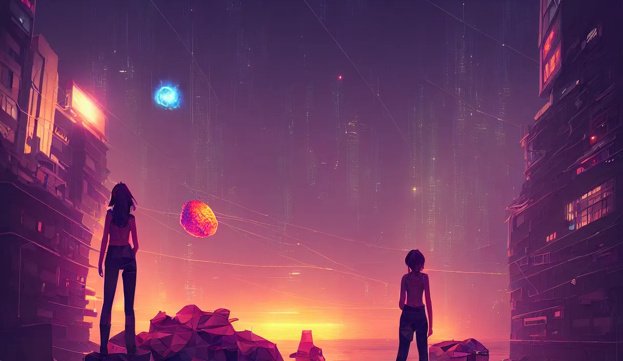 Image similar to girl staring at a meteorite hitting a floating cyberpunk city at night by wlop, low poly art, ultra detailed color art, high detail, digital art