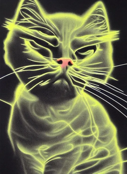 Image similar to futuristic lasers tracing, laser cat, selkirk rex longhair, by steven meisel, kaws, rolf armstrong, mondrian, kandinsky, perfect geometry abstract acrylic, octane hyperrealism photorealistic airbrush collage painting, dark monochrome, fluorescent colors, minimalist rule of thirds, eighties eros