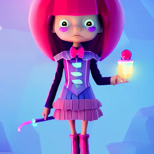 Image similar to candypunk young witch, character design, high quality digital art, render, octane, redshift, volumetric lighting, oled