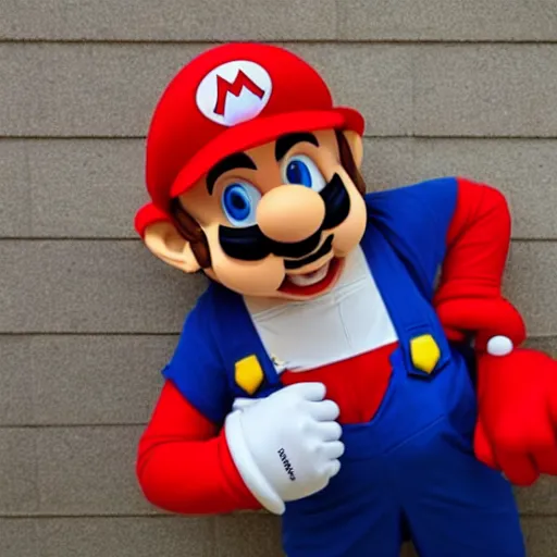 Prompt: a man poorly cosplaying as mario