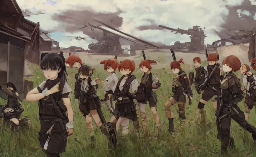 Prompt: panoramic view, girl, soldier clothing, battlefield in background, anime style, red short hair, hair down, symmetrical facial features, combat googles, from arknights, hyper realistic, 4 k, extreme detail, detailed drawing, trending artstation, safebooru, realistic lighting, by alphonse mucha, greg rutkowski, anime eyes, sharp focus