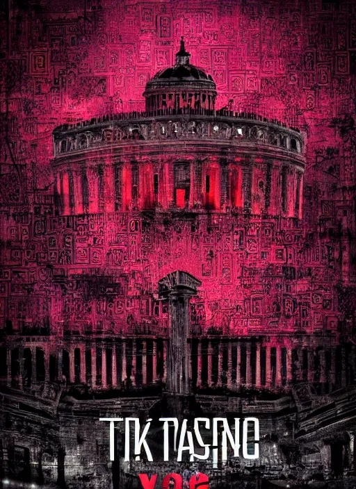 Image similar to dark design poster showing a majestic roman city, black background with very subtle red and purple design elements, powerful, nekro, vito acconci, thin straight lines, dark, glitch art, neo vaporwave, gritty, layout frame, square, trending on artstation