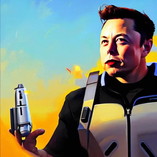 Image similar to greg manchess portrait painting of elon musk with jetpack as overwatch character, medium shot, asymmetrical, profile picture, organic painting, sunny day, matte painting, bold shapes, hard edges, street art, trending on artstation, by huang guangjian and gil elvgren and sachin teng