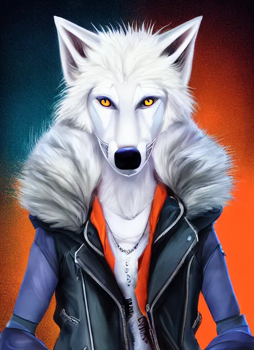 Prompt: award winning beautiful portrait commission of a male furry anthro albino wolf fursona with a tail and a cute beautiful attractive detailed furry face wearing stylish black, orange and blue cyberpunk biker clothes standing on top of a high rise in a cyberpunk city at night while it rains. Character design by charlie bowater, ross tran, artgerm, and makoto shinkai, detailed, inked, western comic book art