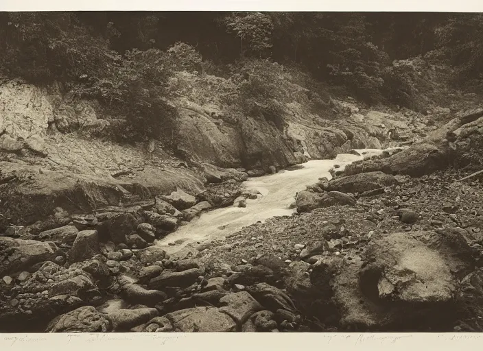 Prompt: Overlook of a river flowing through a geode, albumen silver print by Timothy H. O'Sullivan.