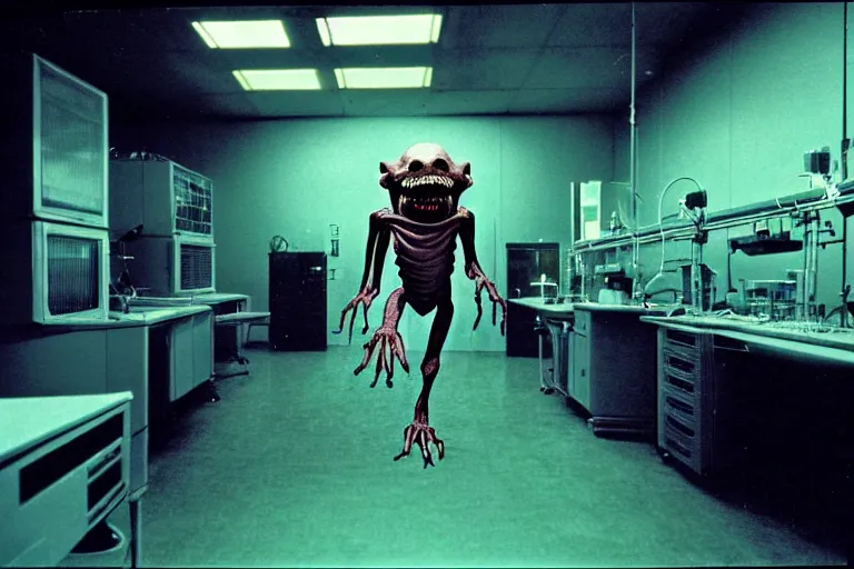 Image similar to a scary filmic wide shot color ground level angle movie still 35mm film photograph of the full body of a dangerous shape shifting alien creature, with multiple mutated snarling drooling human faces with a grotesque variety of human and animal limbs protruding from its lower torso inside of a 1970s science lab, neon lights, dirty, ektachrome photograph, volumetric lighting, f8 aperture, cinematic Eastman 5384 film