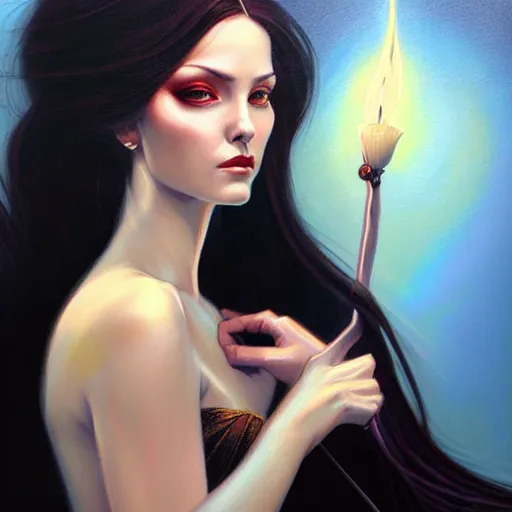 Prompt: portrait of a female wizard in flowing sensual dress, long flowing hair, delicate, looking at camera, slightly smiling, realistic face, stylish, elegant, extremely detailed painting inspired by Gerald Brom, stunning lighting