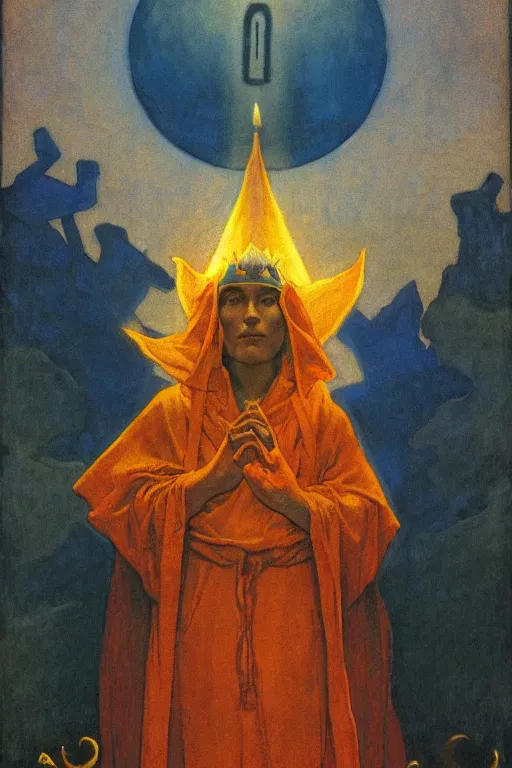 Prompt: child of darkness with his crown and lantern, by Nicholas Roerich and Annie Swynnerton and and jean delville, dramatic cinematic lighting , ornate headdress , flowing robes, sacred artifacts, lost civilizations, smooth, sharp focus, extremely detailed