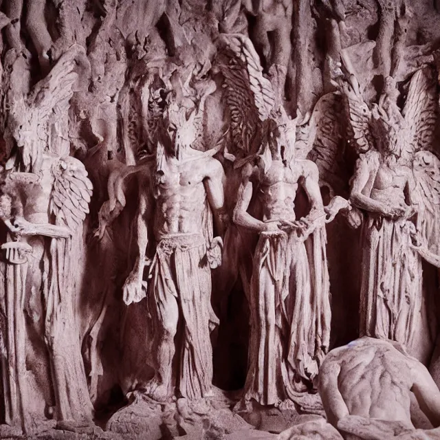 Prompt: temple made of flesh, blood temple, angel statues, 8 0's horror movie film still, highly detailed, award - winning photography, 1 2 0 mm