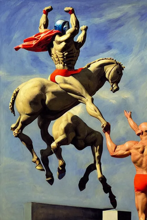 Image similar to bodybuilder in an astronaut helmet lifts a statue of a horse, highly detailed painting by francis bacon, edward hopper, adrian ghenie, gerhard richter, and james jean soft light 4 k,