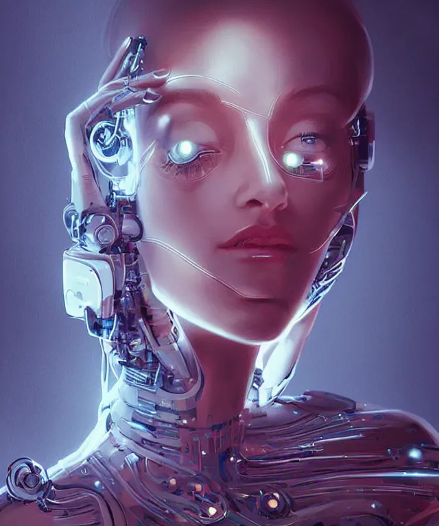 Image similar to a woman turning into an Android portrait wearing a part cybernetic body, surrealism , scifi, intricate, elegant, sharp eyebrows, highly detailed cybernetic body, neon glowing eyes, digital painting, artstation, concept art, smooth, sharp focus, illustration, art by Artgerm and moebius and Peter Mohrbacher