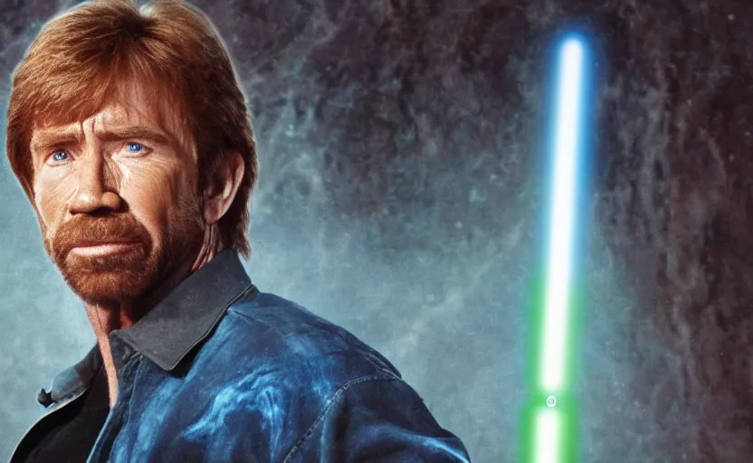 Prompt: chuck norris as a jedi with a blue lightsaber in an ancient bioluminescent forest, perfect symmetrical face, full moon, moody lighting, 8 k, shallow depth of field, intricate detail,