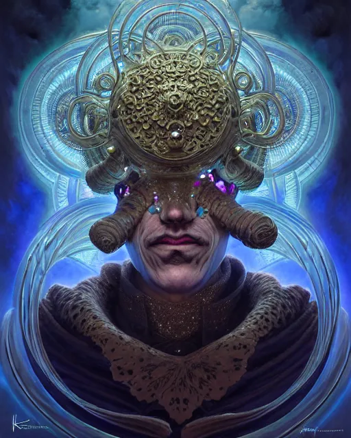 Image similar to front shot of a court jester character, hyperdimensional, bioluminescent hypercubes, ((intricate)), elegant, highly detailed, centered, (((artstation, concept art, smooth, sharp focus, artgerm, Tomasz Alen Kopera, Peter Mohrbacher, donato giancola, Joseph Christian Leyendecker, WLOP, Boris Vallejo))), mugshot!!!!!, ugly!!!!!!, octane render, nvidia raytracing demo, grainy, muted