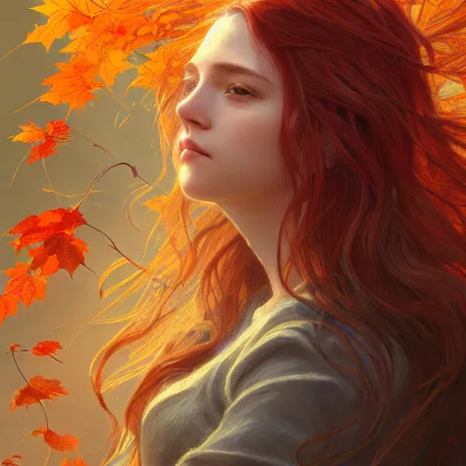 Image similar to girl with super long hair, hair becoming autumn red leaves, intricate, highly detailed, digital painting, artstation, concept art, smooth, sharp focus, illustration, unreal engine 5, 8 k, art by artgerm and greg rutkowski and alphonse mucha