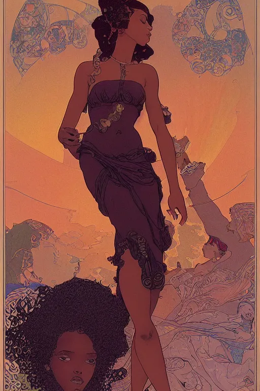 Prompt: a beautiful illustration of a black godess model girl with short hair, bikini, she's sad by mucha and moebius and geof darrow, sunset, street of hong kong, cinematic light, very detailed, depressing atmosphere, cover magazine