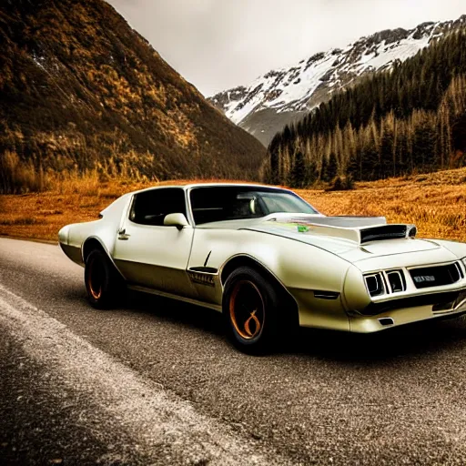 Image similar to pontiac firebird trans - am driving towards the camera, norway mountains, cinematic, volumetric lighting, foggy, wide shot, low angle, huge mountains, large lightning storm, thunder storm, tornado