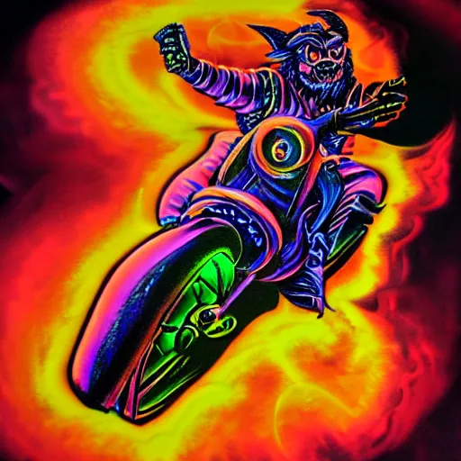 Image similar to psychedelic blacklight airbrush artwork of an orc riding a motorcycle, airbrushed on a black background