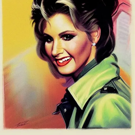 Prompt: a portrait of olivia newton john in grease, 1 9 8 0 s, by greg hildebrandt, stanley lau, and greg manchess