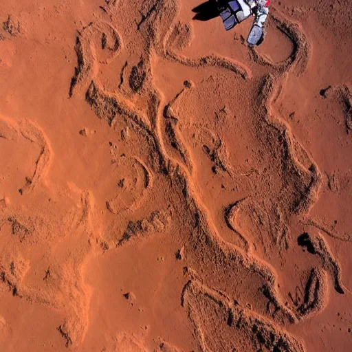 Prompt: An astronaut riding a cyborg pegasus with a large wingspan that's flying above a martian canyon at dusk, aerial photography