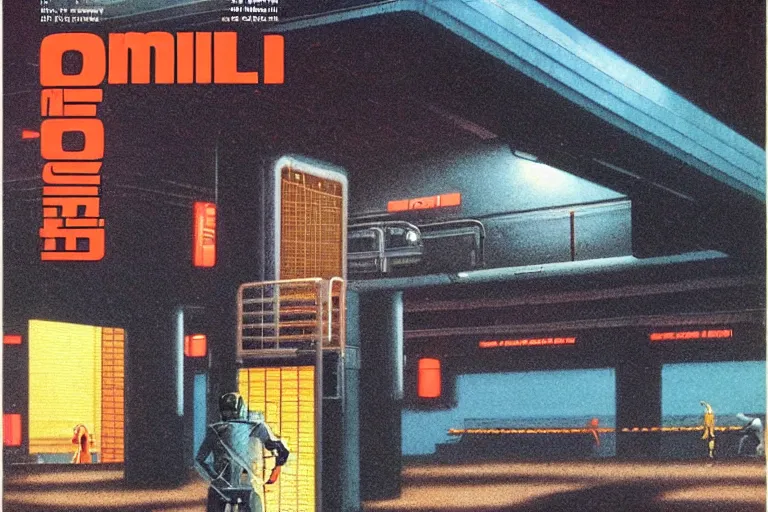 Image similar to 1979 OMNI Magazine Cover focused on a ladder to a dark subway tunnel. In the background are far off views of neo-Tokyo outskirts in cyberpunk style by Vincent Di Fate