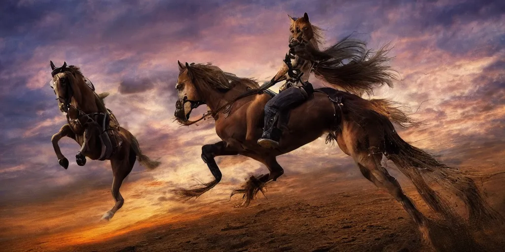 Prompt: cyborg cat rides a horse into the sunset, punished, war, hyperrealistic, sharp focus, award winning photo