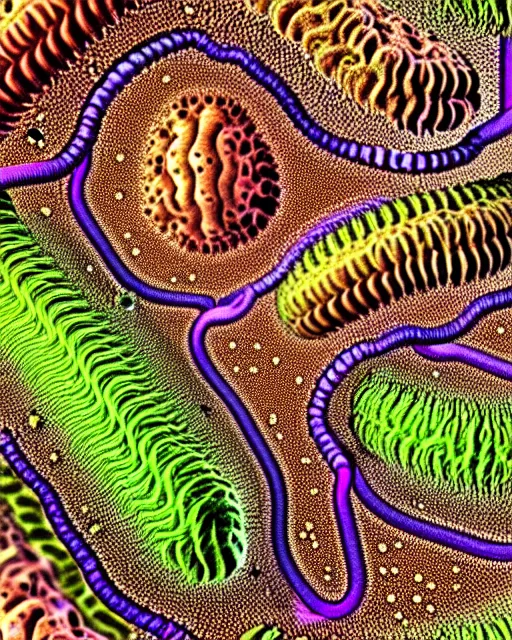 Image similar to Escherichia coli, close up details, drawn by Ernst Haeckel, colorful, beeple rendering