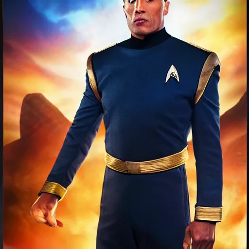 Image similar to a full body portrait of the rock as a star fleet officer from star trek next generation dressed in full uniform, ultra rendered extreme realism and detail, 8 k, highly detailed, realistic, completely framed, hyper realistic, colorful, direct lighting, 3 5 mm photo, photorealistic, sharp focus