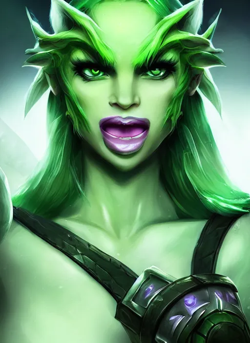 Image similar to green orc female, light green tone beautiful face by league of legends splash art